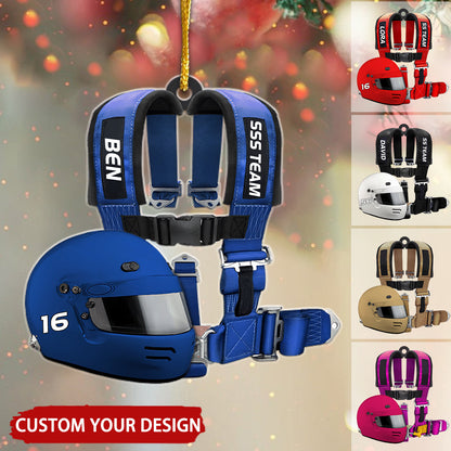 Racing Seat Belt And Helmet Personalized Christmas Ornament, Custom Name Number Racing Lover Ornament ON1391