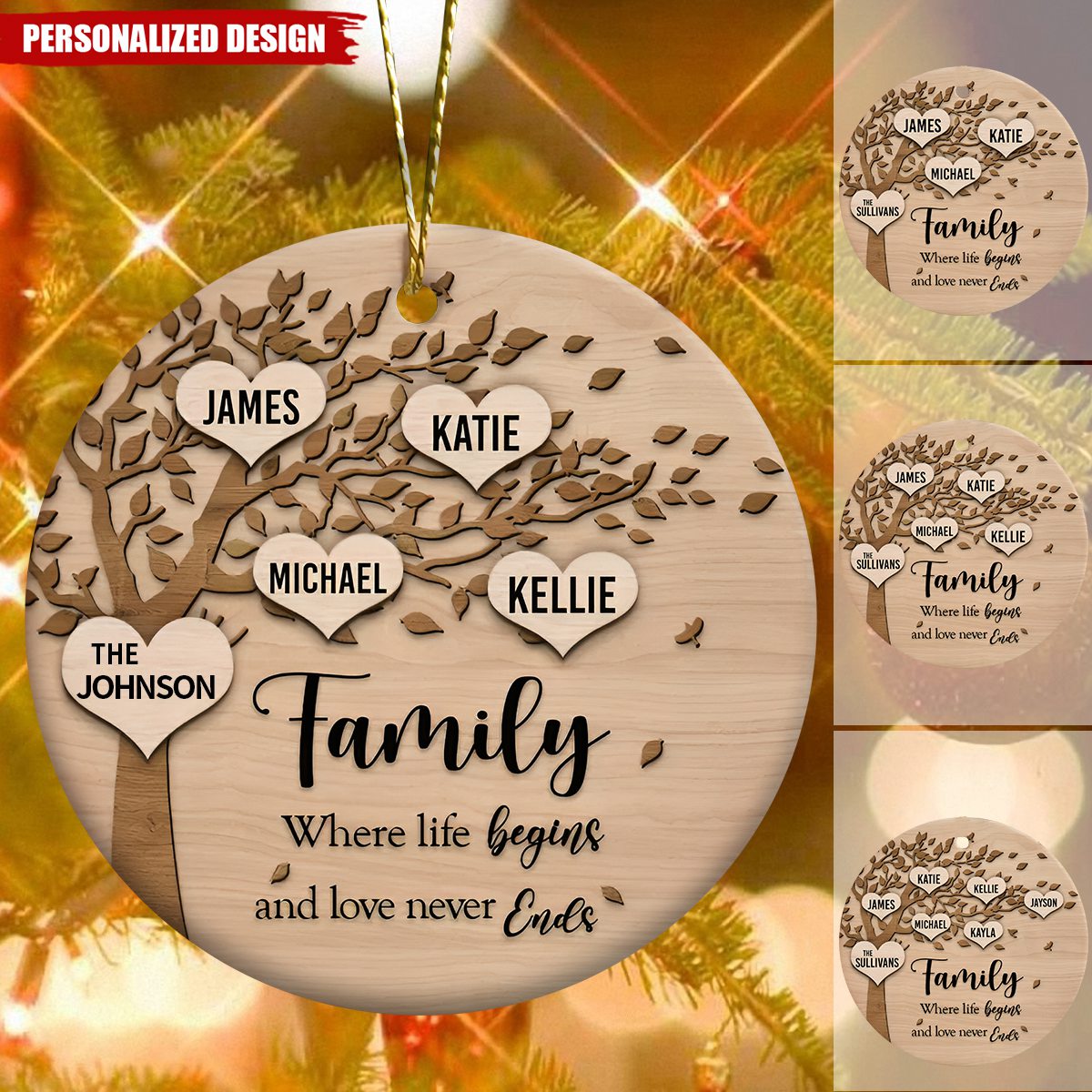 Family Where Life Begins and Never Ends Personalized Ceramic Christmas Ornament, Custom Family Christmas Ornament With Name ON0062