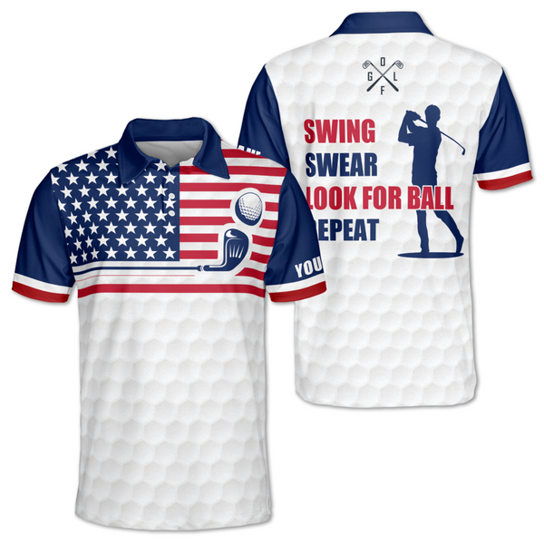 Swing Swear Look For Ball Repeat Custom USA Flag Golf Men Polo Shirt, Custom Funny Patriotic Golf Shirt GM0437