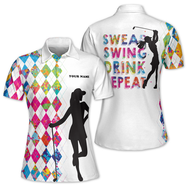 Swear Swing Drink Repeat Custom Colorful Argyle Golf Women Polo Shirt, Women's Custom Funny Golf Shirts GW0073