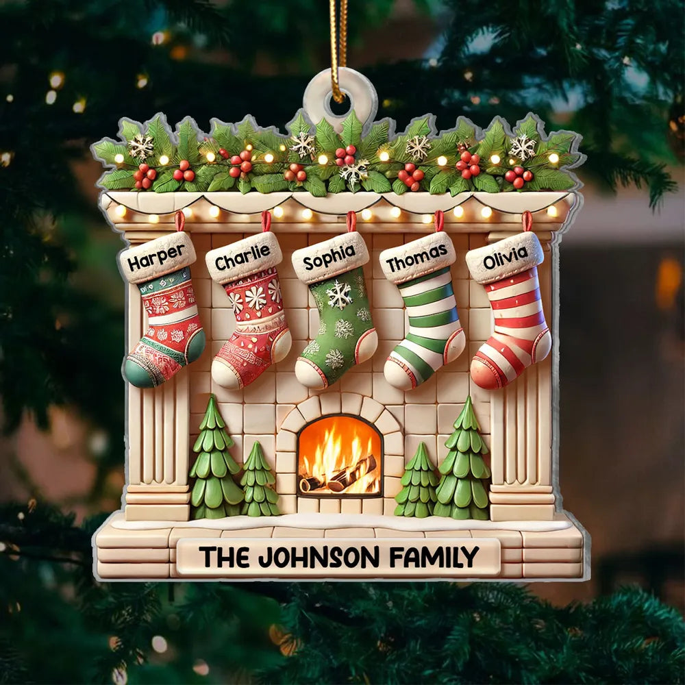 Realistic Family Christmas Stockings On Mantel 3D Effect Personalized Acrylic Ornament, Custom Name Family Members Ornament ON1489