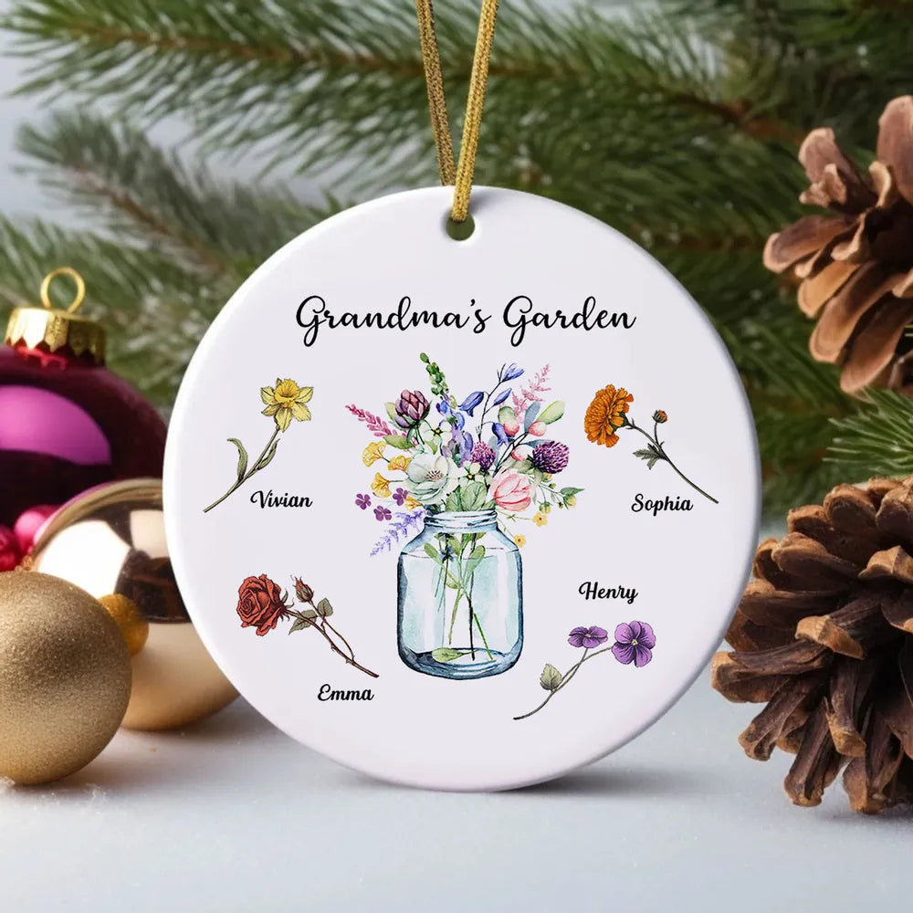 Grandma Garden Birth Month Flowers Vase Personalized Circle Ceramic Ornament, Personalized Grandma Christmas Ornament ON0403