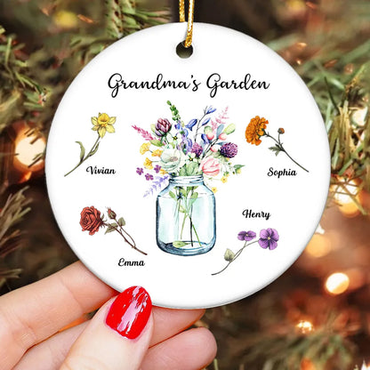 Grandma Garden Birth Month Flowers Vase Personalized Circle Ceramic Ornament, Personalized Grandma Christmas Ornament ON0403