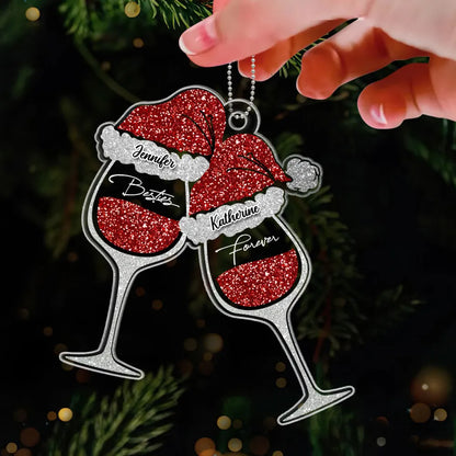 Wine Glass Cheers Partners In Wine Besties Personalized Acrylic Ornament, Custom Besties Forever Christmas Ornament With Name ON1057