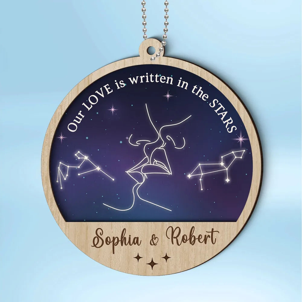 Couple Kissing Outline Zodiac Galaxy Sky Personalized 2-Layer Wooden Ornament, Custom Our Love Is Written In The Stars Couple Christmas Ornament ON0402