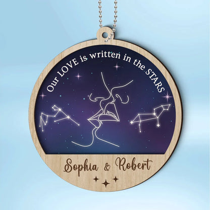 Couple Kissing Outline Zodiac Galaxy Sky Personalized 2-Layer Wooden Ornament, Custom Our Love Is Written In The Stars Couple Christmas Ornament ON0402