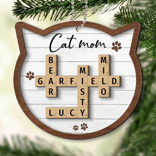 Cat Lover Gift Crossword Puzzle Art Personalized 2-Layer Wooden Ornament, Custom Name Cat Crossword Puzzle Christmas Ornament ON0425