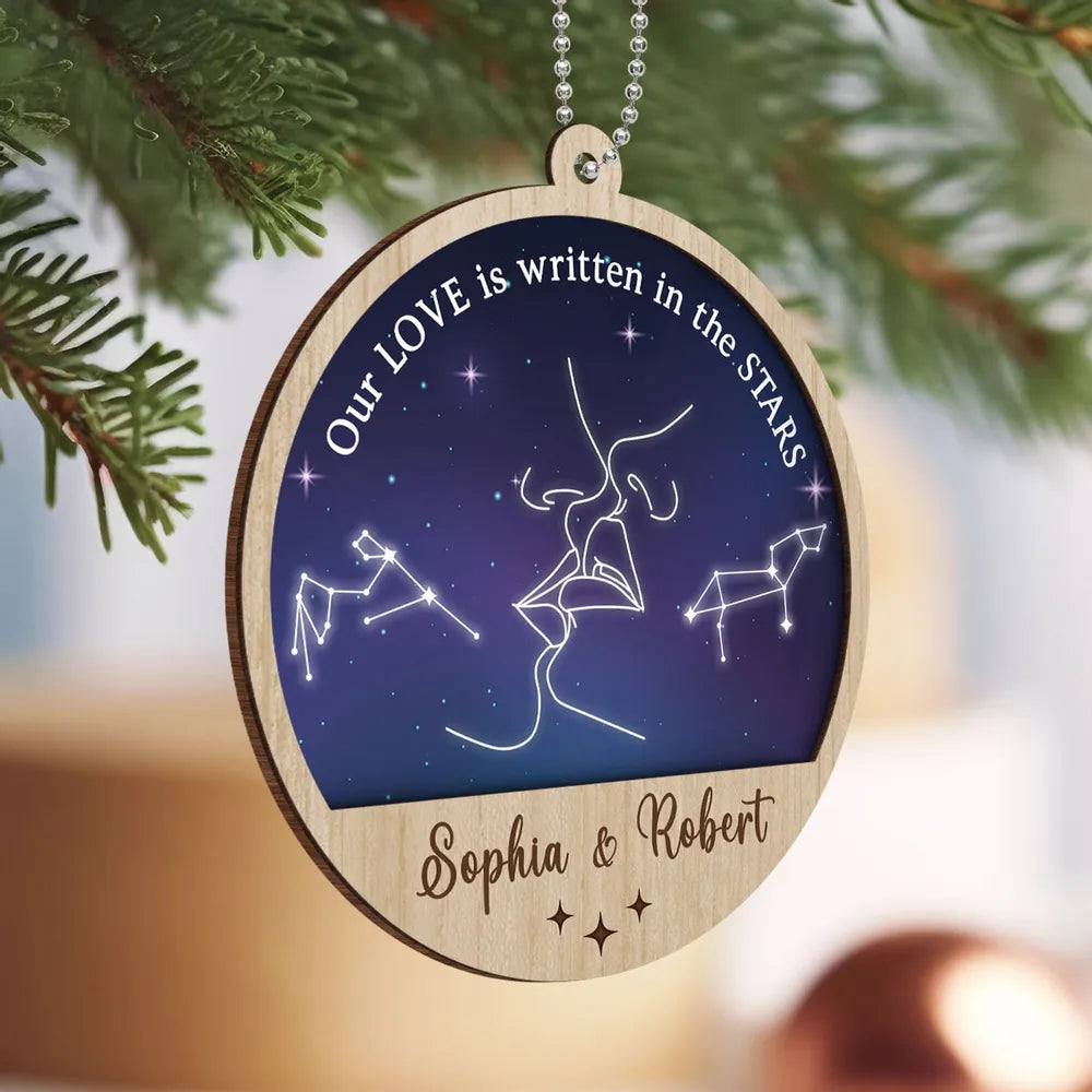 Couple Kissing Outline Zodiac Galaxy Sky Personalized 2-Layer Wooden Ornament, Custom Our Love Is Written In The Stars Couple Christmas Ornament ON0402