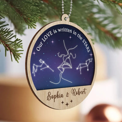 Couple Kissing Outline Zodiac Galaxy Sky Personalized 2-Layer Wooden Ornament, Custom Our Love Is Written In The Stars Couple Christmas Ornament ON0402