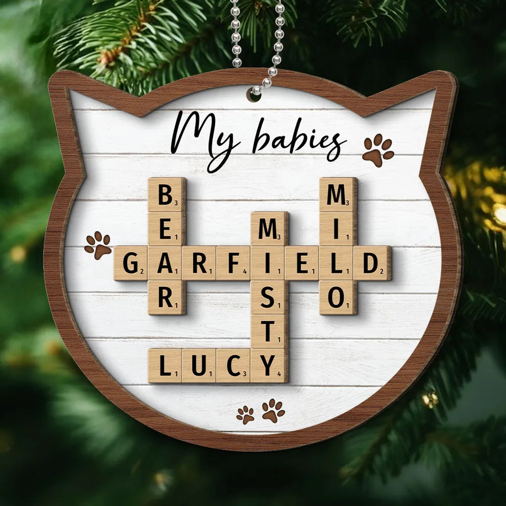 Cat Lover Gift Crossword Puzzle Art Personalized 2-Layer Wooden Ornament, Custom Name Cat Crossword Puzzle Christmas Ornament ON0425