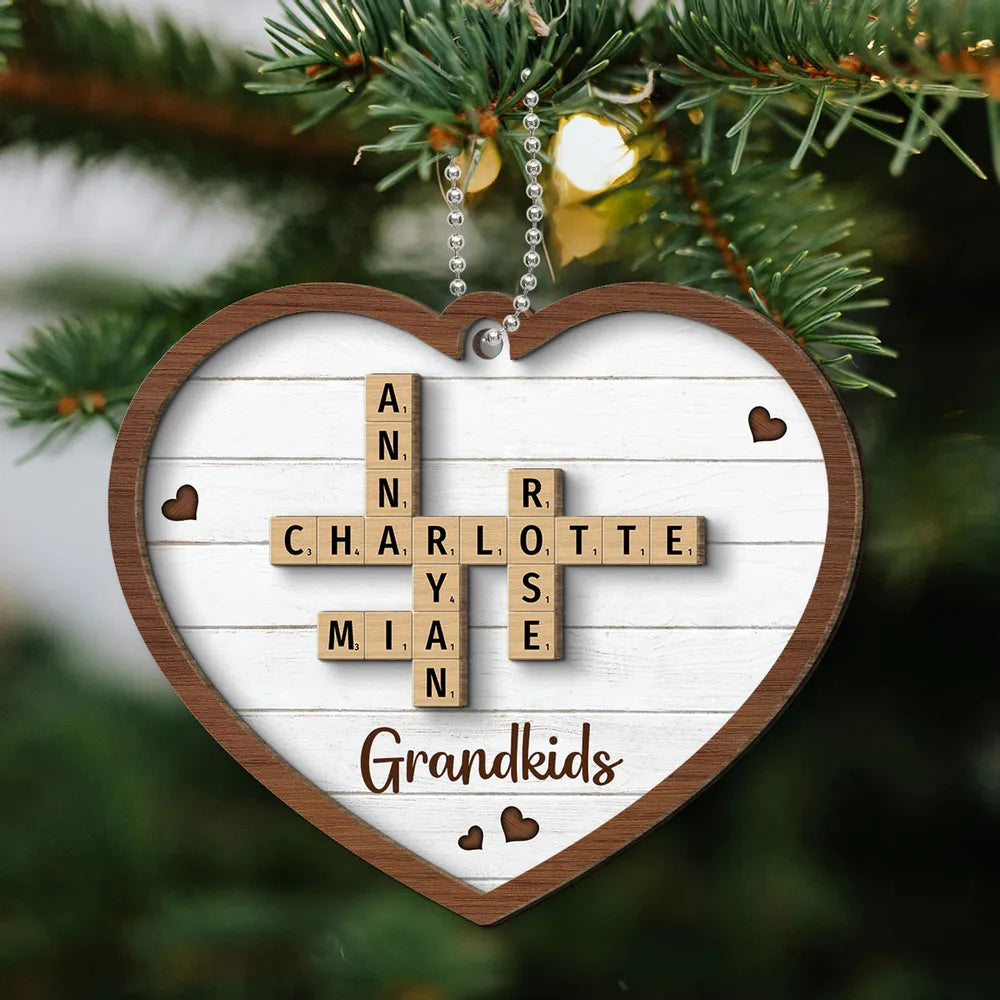 Grandkids Crossword Puzzle Art Personalized Heart Shaped 2-Layer Wooden Ornament, Personalized Crossword Puzzle Family Member Name Christmas Ornament ON0401