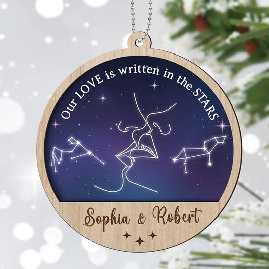 Couple Kissing Outline Zodiac Galaxy Sky Personalized 2-Layer Wooden Ornament, Custom Our Love Is Written In The Stars Couple Christmas Ornament ON0402