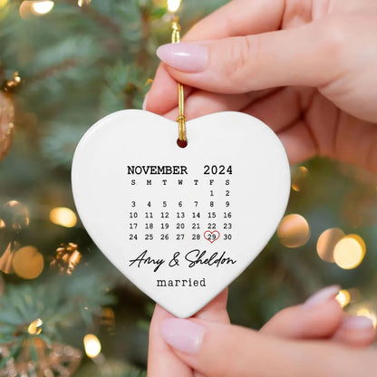 Couple Married Wedding Date Calendar Personalized Ceramic Heart Ornament, Custom Our First Christmas Married Ornament 2024 ON0369