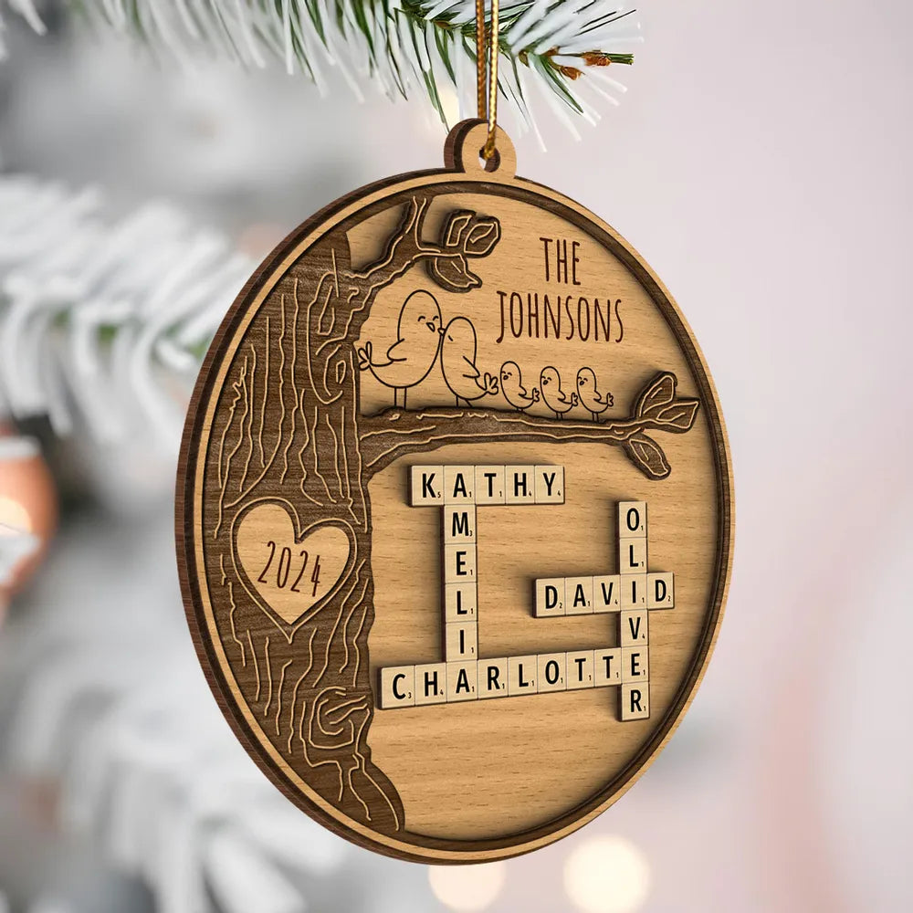 Family Tree Crossword Puzzle Art, Personalized 2-Layered Wooden Ornament, Custom Name Family Crossword Puzzle Wooden Ornament 2024 ON0892