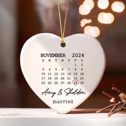 Couple Married Wedding Date Calendar Personalized Ceramic Heart Ornament, Custom Our First Christmas Married Ornament 2024 ON0369