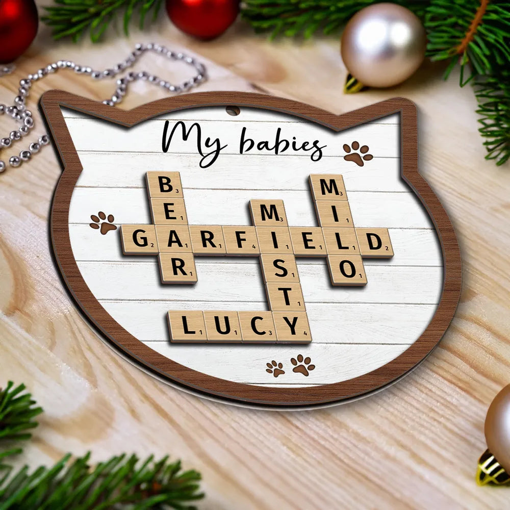 Cat Lover Gift Crossword Puzzle Art Personalized 2-Layer Wooden Ornament, Custom Name Cat Crossword Puzzle Christmas Ornament ON0425