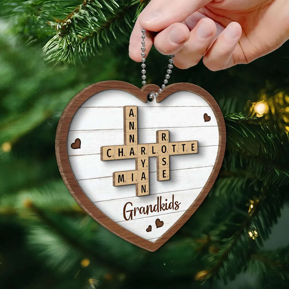 Grandkids Crossword Puzzle Art Personalized Heart Shaped 2-Layer Wooden Ornament, Personalized Crossword Puzzle Family Member Name Christmas Ornament ON0401