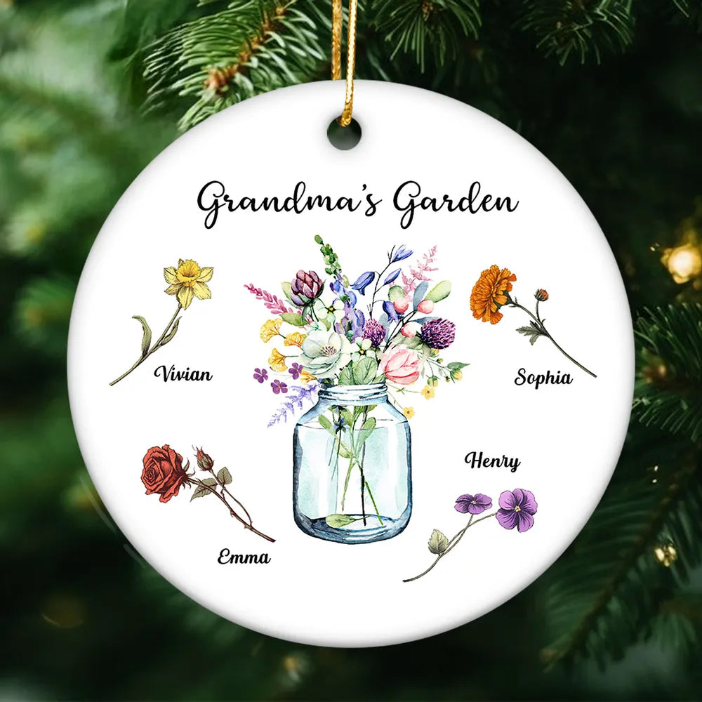 Grandma Garden Birth Month Flowers Vase Personalized Circle Ceramic Ornament, Personalized Grandma Christmas Ornament ON0403