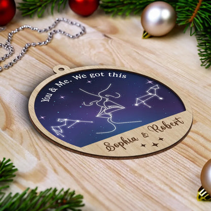 Couple Kissing Outline Zodiac Galaxy Sky Personalized 2-Layer Wooden Ornament, Custom Our Love Is Written In The Stars Couple Christmas Ornament ON0402