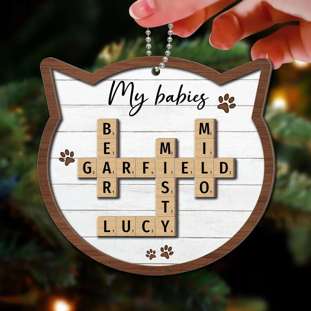 Cat Lover Gift Crossword Puzzle Art Personalized 2-Layer Wooden Ornament, Custom Name Cat Crossword Puzzle Christmas Ornament ON0425