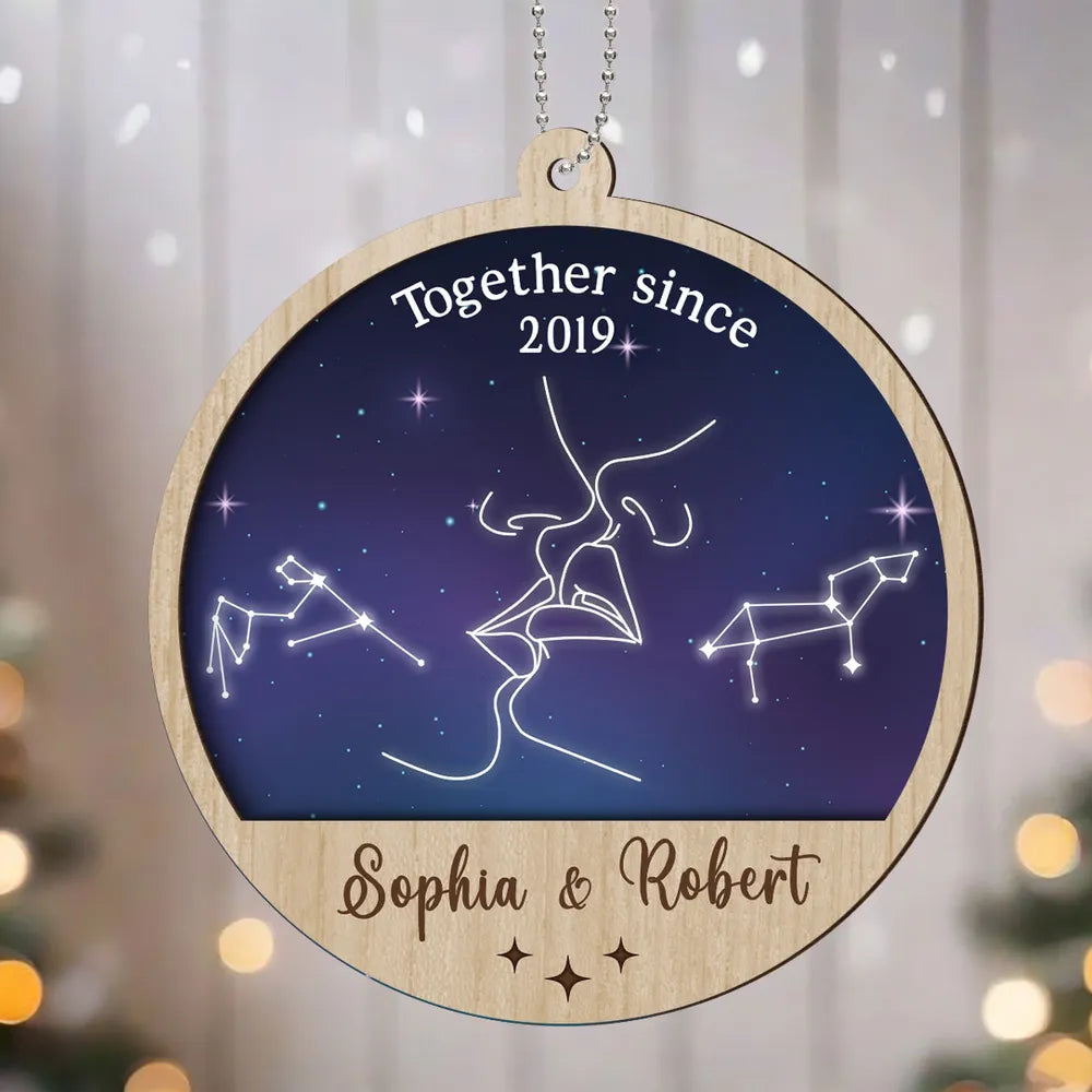 Couple Kissing Outline Zodiac Galaxy Sky Personalized 2-Layer Wooden Ornament, Custom Our Love Is Written In The Stars Couple Christmas Ornament ON0402