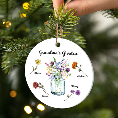 Grandma Garden Birth Month Flowers Vase Personalized Circle Ceramic Ornament, Personalized Grandma Christmas Ornament ON0403