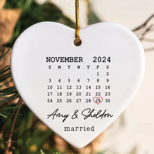 Couple Married Wedding Date Calendar Personalized Ceramic Heart Ornament, Custom Our First Christmas Married Ornament 2024 ON0369