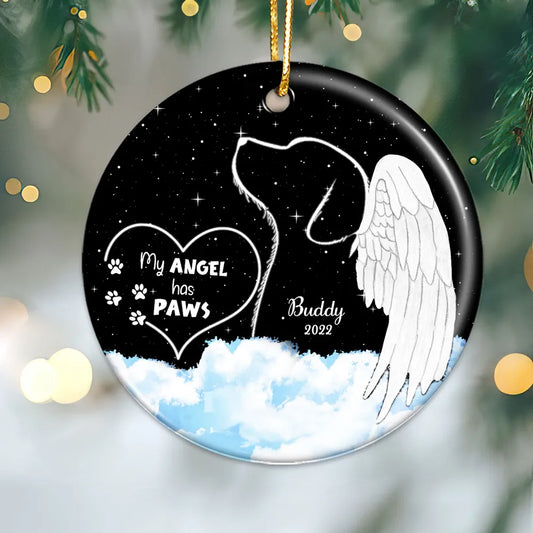 Dogs Cats Angel Starry Sky Memorial Personalized Circle Ceramic Ornament, Custom My Angel Has Paws Sympathy Ornament ON0891