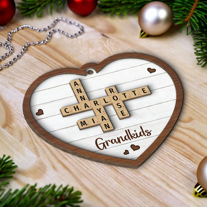 Grandkids Crossword Puzzle Art Personalized Heart Shaped 2-Layer Wooden Ornament, Personalized Crossword Puzzle Family Member Name Christmas Ornament ON0401