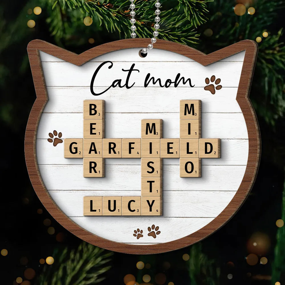 Cat Lover Gift Crossword Puzzle Art Personalized 2-Layer Wooden Ornament, Custom Name Cat Crossword Puzzle Christmas Ornament ON0425