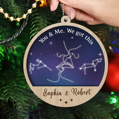 Couple Kissing Outline Zodiac Galaxy Sky Personalized 2-Layer Wooden Ornament, Custom Our Love Is Written In The Stars Couple Christmas Ornament ON0402