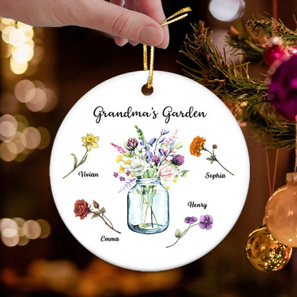 Grandma Garden Birth Month Flowers Vase Personalized Circle Ceramic Ornament, Personalized Grandma Christmas Ornament ON0403