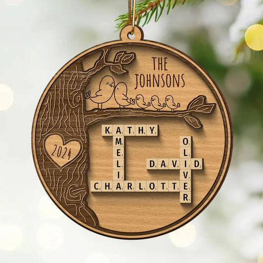 Family Tree Crossword Puzzle Art, Personalized 2-Layered Wooden Ornament, Custom Name Family Crossword Puzzle Wooden Ornament 2024 ON0892