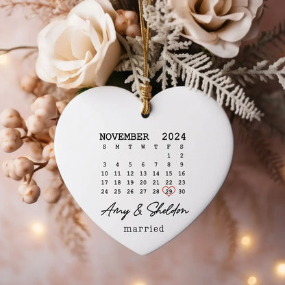 Couple Married Wedding Date Calendar Personalized Ceramic Heart Ornament, Custom Our First Christmas Married Ornament 2024 ON0369