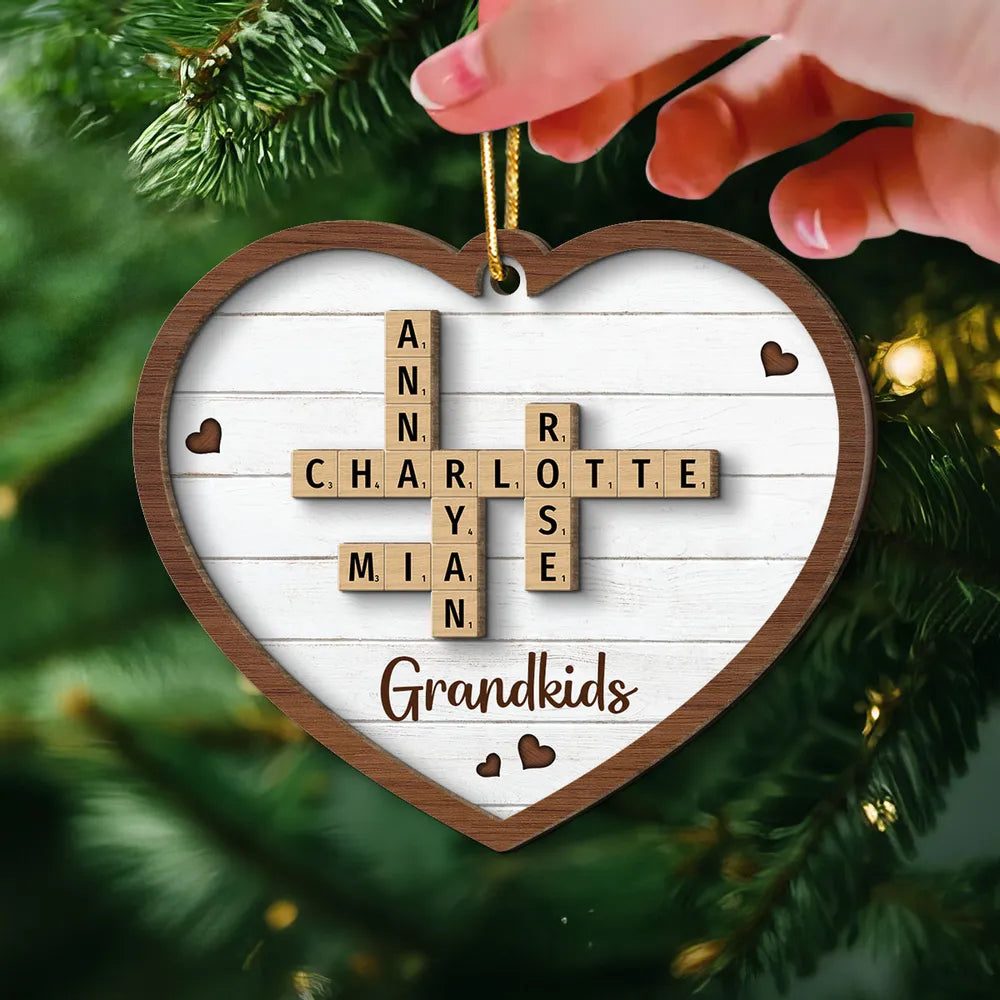 Grandkids Crossword Puzzle Art Personalized Heart Shaped 2-Layer Wooden Ornament, Personalized Crossword Puzzle Family Member Name Christmas Ornament ON0401