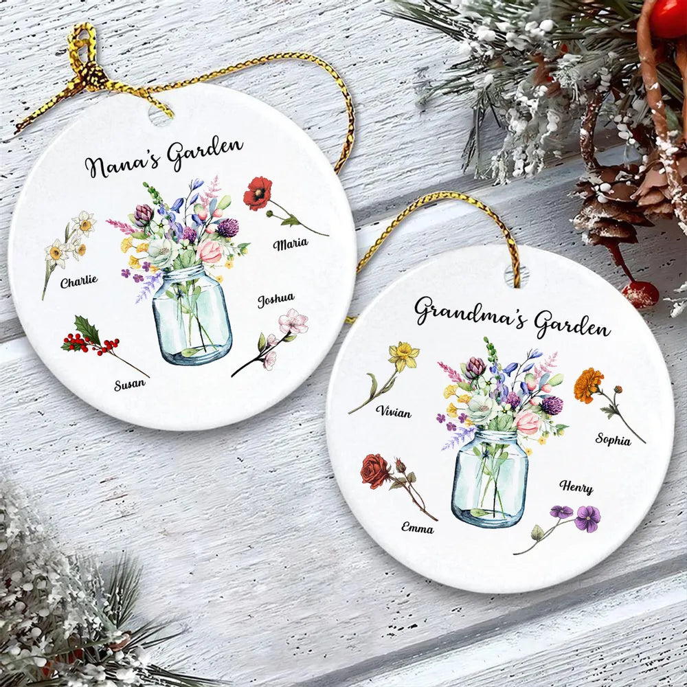 Grandma Garden Birth Month Flowers Vase Personalized Circle Ceramic Ornament, Personalized Grandma Christmas Ornament ON0403