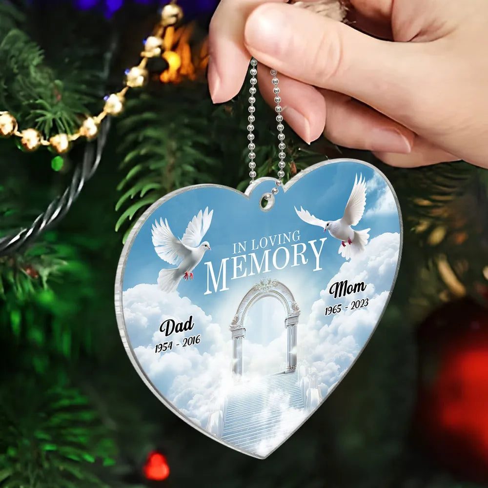 White Doves In Loving Memory Personalized Heart Shaped Acrylic Ornament, Personalized Memorial Christmas Ornament, Xmas Sympathy Ornament ON0194