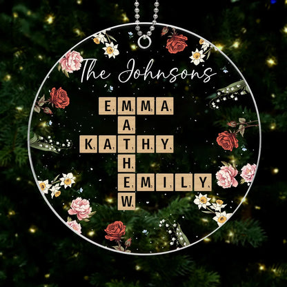 Family Crossword Puzzle Art Birth Month Flower Personalized Acrylic Ornament, Custom Treasured Forever Family Name Ornament With Birth Month Flower ON0312