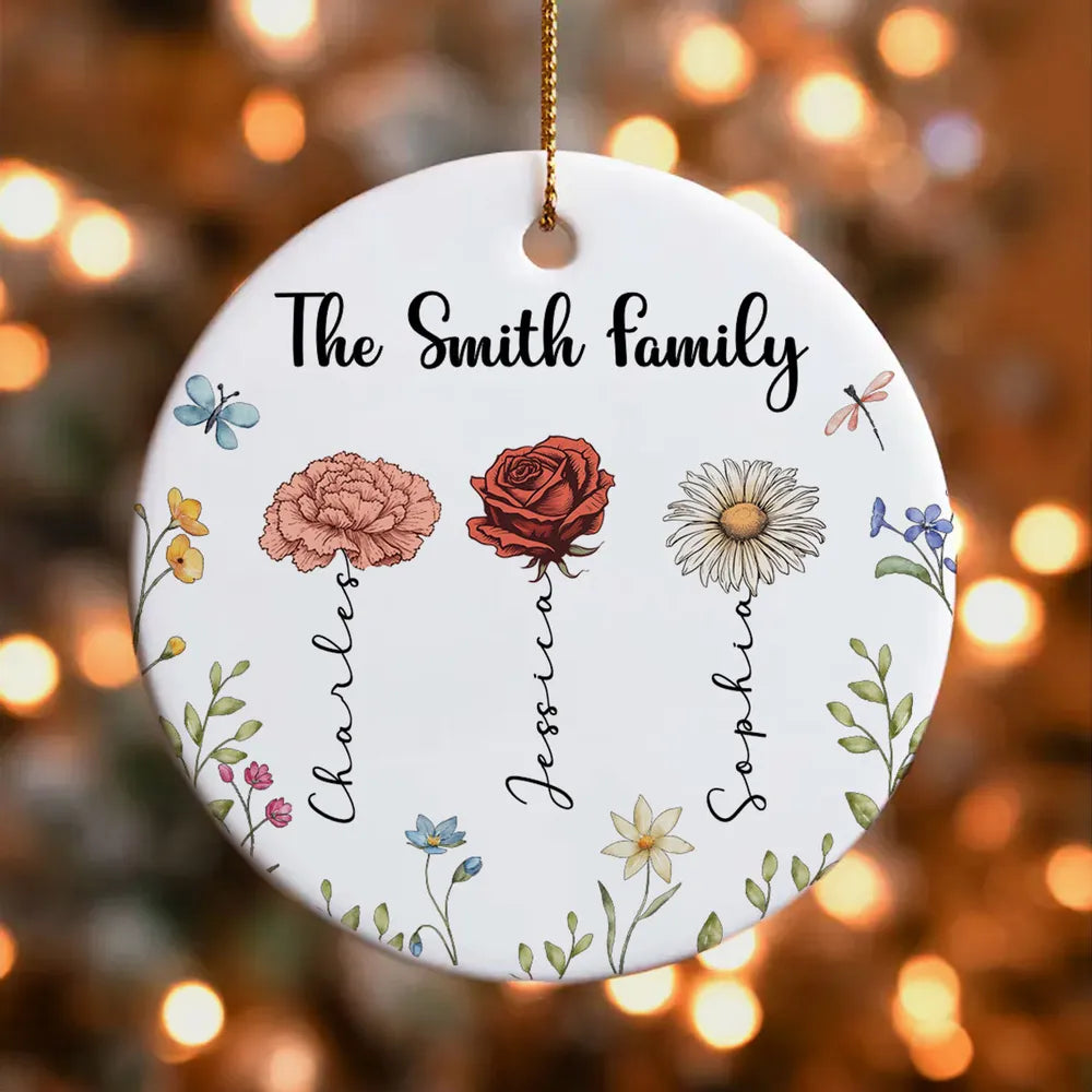 Family Birth Flower Personalized Ceramic Ornament, Personalized Christmas Ornament For Family Daughter Son ON0390