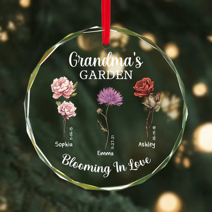 Grandma's Garden Blooming In Love Personalized Glass Ornament, Custom Birth Month Flower Christmas Ornament For Grandma Granddaughter Grandson ON0230