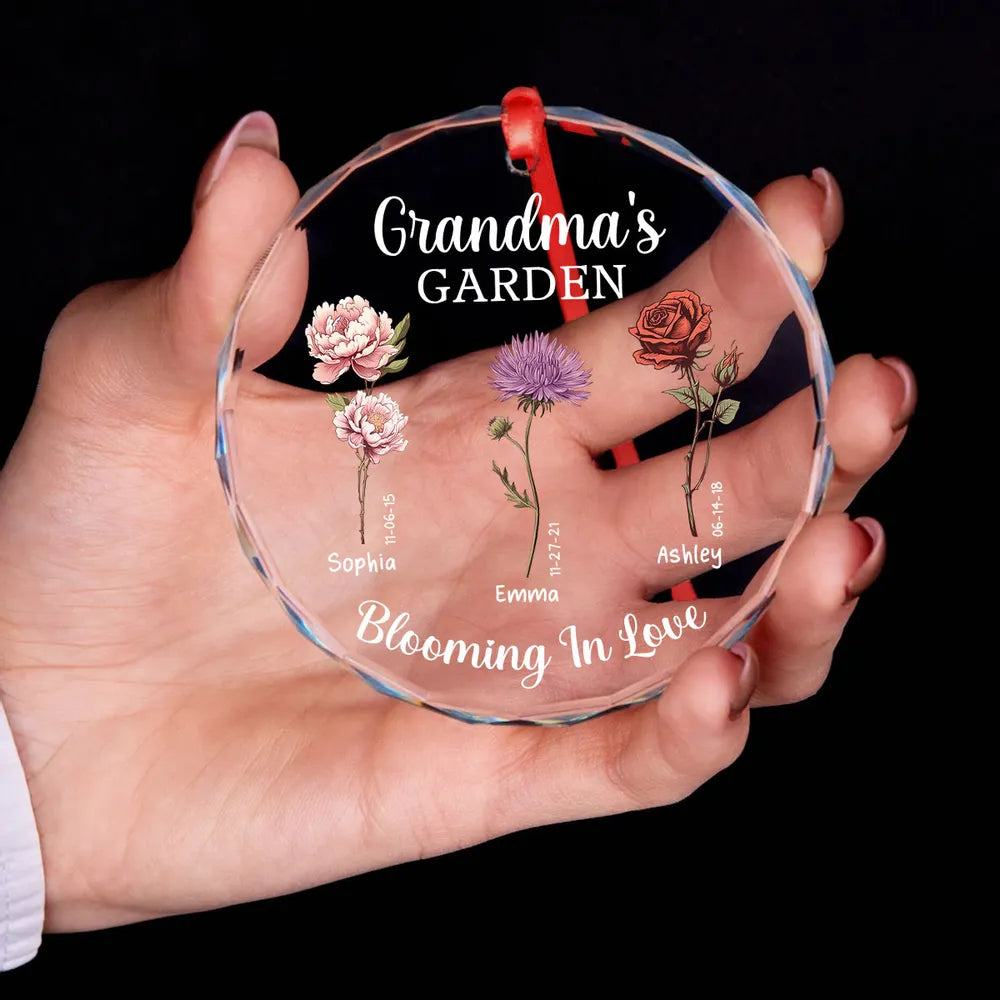 Grandma's Garden Blooming In Love Personalized Glass Ornament, Custom Birth Month Flower Christmas Ornament For Grandma Granddaughter Grandson ON0230