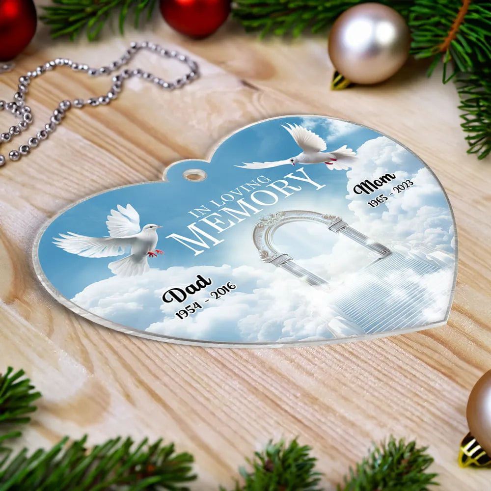 White Doves In Loving Memory Personalized Heart Shaped Acrylic Ornament, Personalized Memorial Christmas Ornament, Xmas Sympathy Ornament ON0194