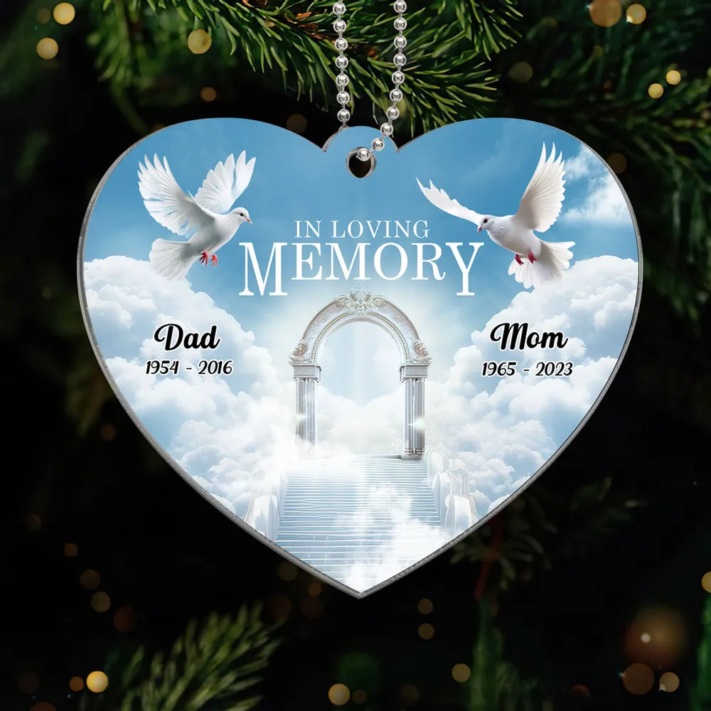 White Doves In Loving Memory Personalized Heart Shaped Acrylic Ornament, Personalized Memorial Christmas Ornament, Xmas Sympathy Ornament ON0194