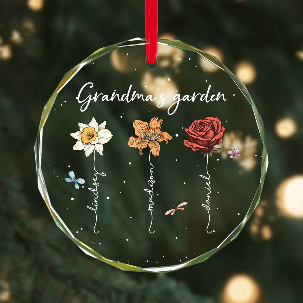 Grandma's Garden Personalized Glass Ornament, Christmas Gift For Grandma Granddaughter Grandson, Custom Grandma Christmas Ornament With Birth Month Flower ON0045