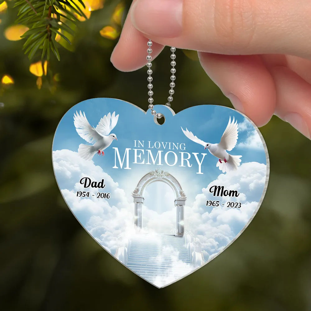 White Doves In Loving Memory Personalized Heart Shaped Acrylic Ornament, Personalized Memorial Christmas Ornament, Xmas Sympathy Ornament ON0194