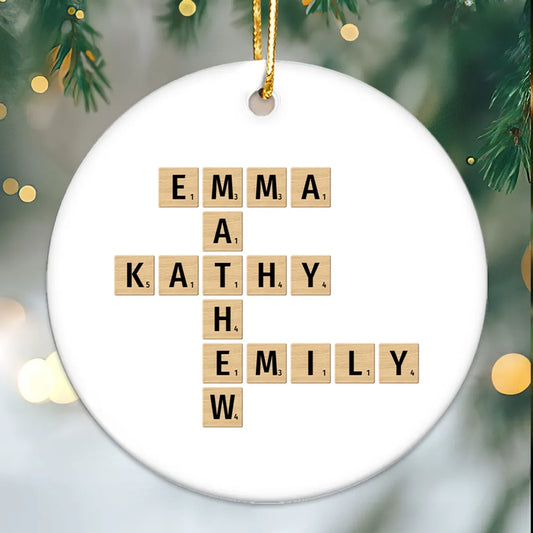 Family Christmas Decor Crossword Puzzle Art Personalized Round Ceramic Ornament, Custom Family Christmas Ornament 2024 ON0102