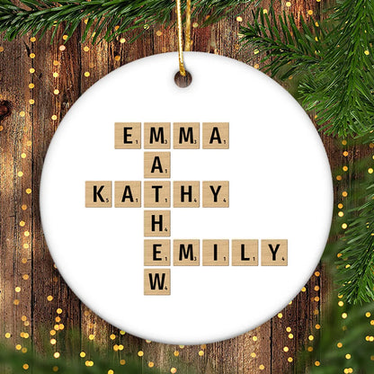 Family Christmas Decor Crossword Puzzle Art Personalized Round Ceramic Ornament, Custom Family Christmas Ornament 2024 ON0102