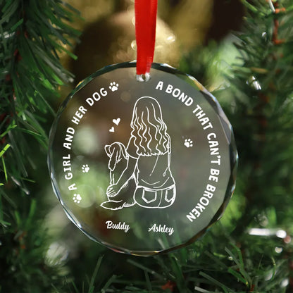 Girl And Her Dogs Outline Personalized Glass Ornament, Christmas Gift For Dog Mom, A Bond That Can't Be Broken Personalized Pet Memorial Ornament With Name ON0170