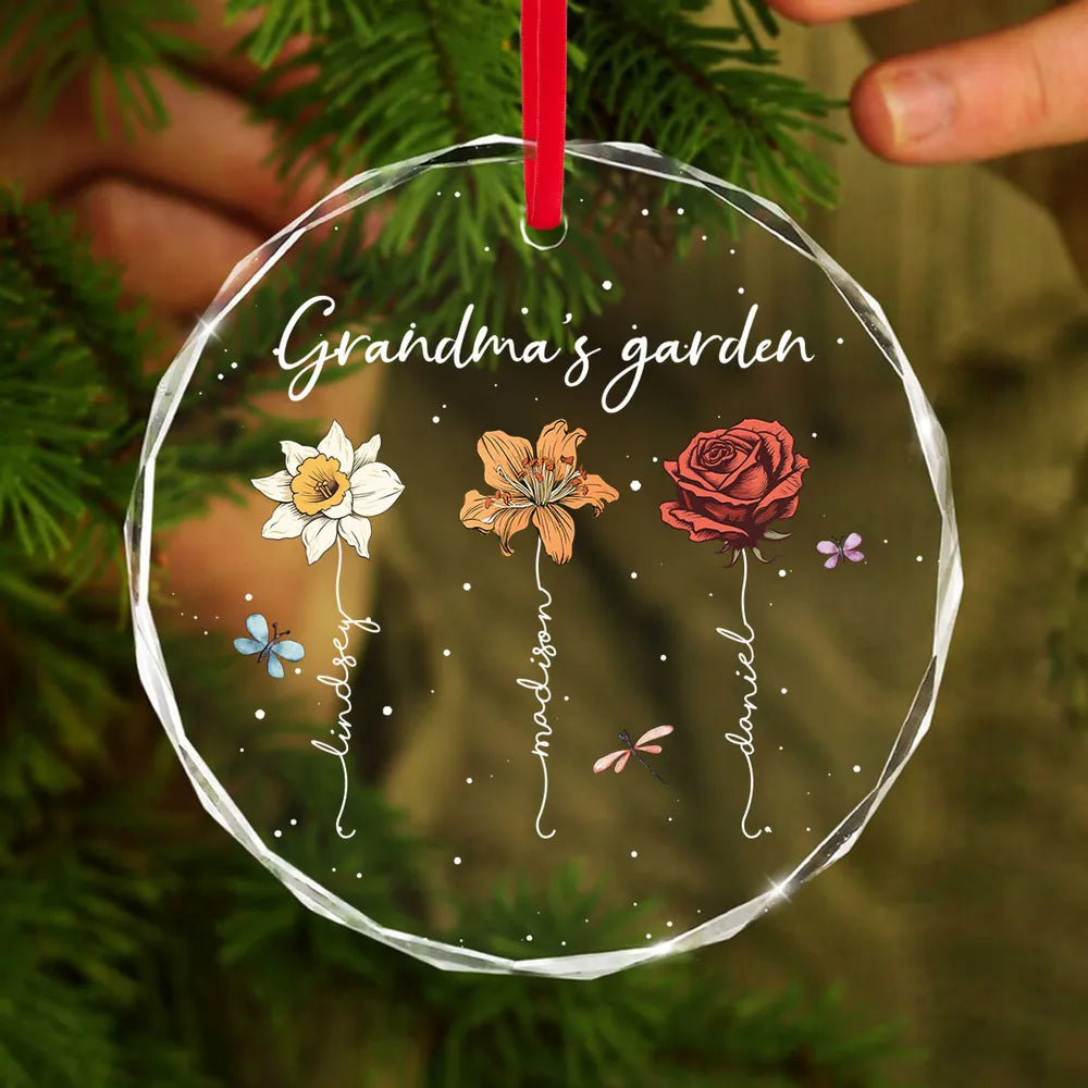 Grandma's Garden Personalized Glass Ornament, Christmas Gift For Grandma Granddaughter Grandson, Custom Grandma Christmas Ornament With Birth Month Flower ON0045