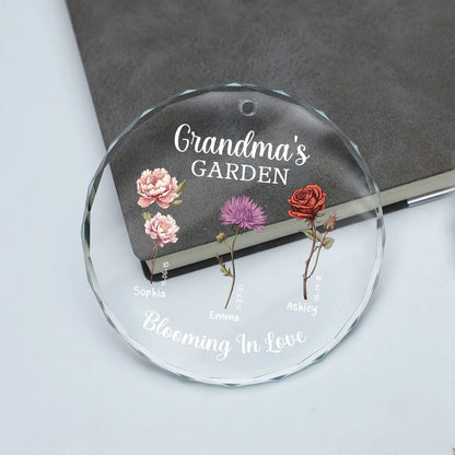 Grandma's Garden Blooming In Love Personalized Glass Ornament, Custom Birth Month Flower Christmas Ornament For Grandma Granddaughter Grandson ON0230